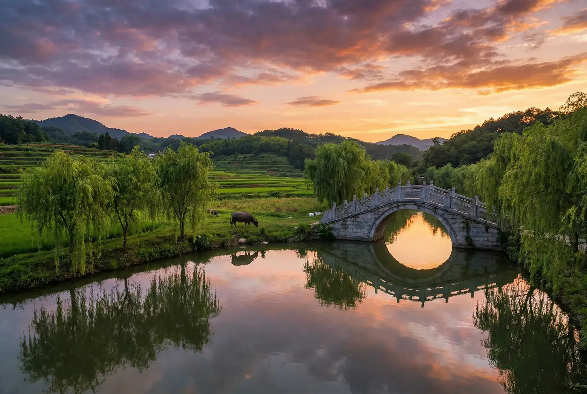 夕阳下的石拱桥与垂柳，水牛在河边吃草 - 菠萝视频TV 乡村美景